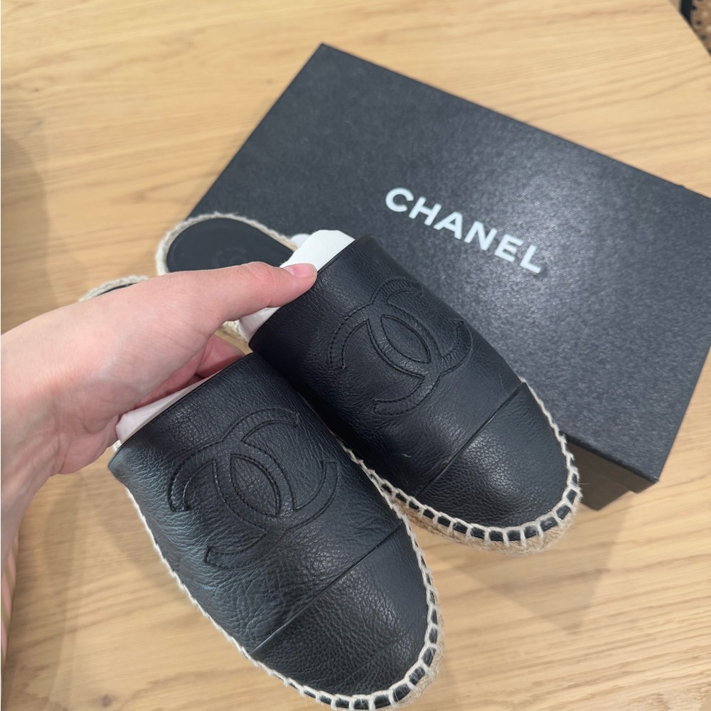 Chanel Black Espadrille Slides